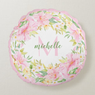 Coussins Ronds Aquarelle Florale Monogramme Botanique Rose Vert