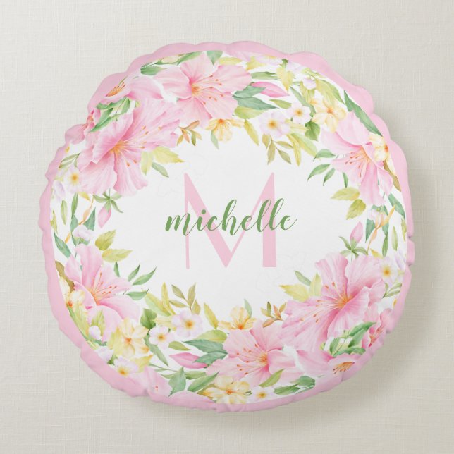 Coussins Ronds Aquarelle Florale Monogramme Botanique Rose Vert (Devant)
