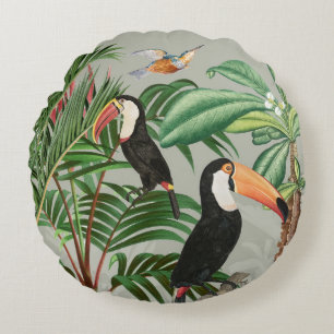 Coussins Ronds Aquarelle Forêt tropicale et Oiseaux du Toucan