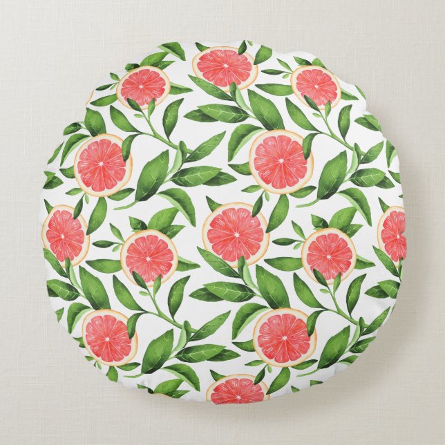 Coussins Ronds Aquarelle Grapefruits et Motif de verdure (Devant)