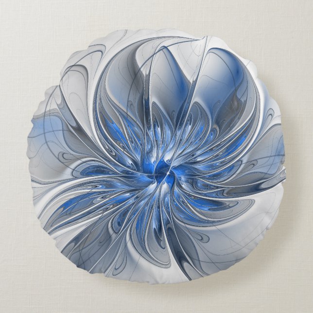 Coussins Ronds Aquarelle gris bleu Abstrait Fractal Art Flower (Devant)