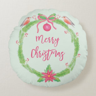 Coussins Ronds Aquarelle Holly Wreath Joyeux Noël