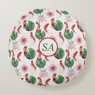 Coussins Ronds Aquarelle japonaise Art Koi Fish Lotus Lily Pad Ro