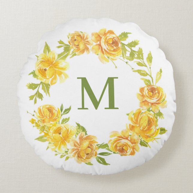 Coussins Ronds Aquarelle jaune Roses Floral Wreath Monogramme (Devant)