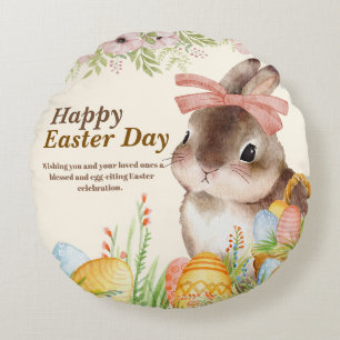 Coussins Ronds Aquarelle Lapin floral avec noeud Jour de Pâques j