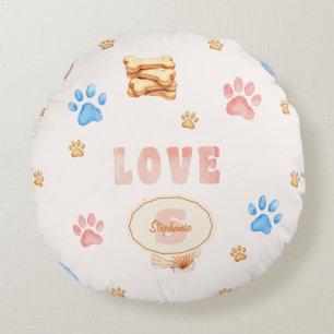Coussins Ronds Aquarelle "LOVE" Design avec Empreintes de pattes