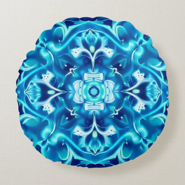 Coussins Ronds Aquarelle Mandala Flower dans les tons bleu Indigo (Devant)