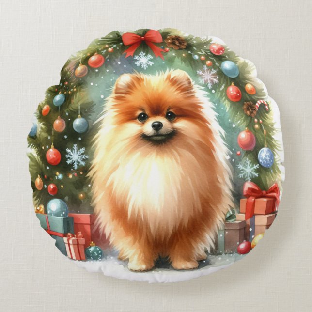 Coussins Ronds Aquarelle mignonne Pomeranienne Noël festif (Devant)