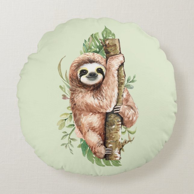Coussins Ronds Aquarelle mignonne Sloth & Feuilles tropicaux (Devant)