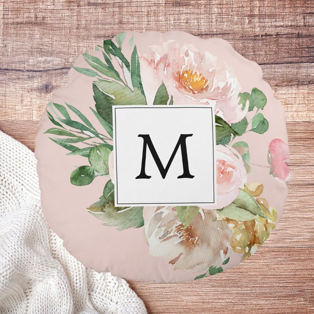 Coussins Ronds Aquarelle moderne Fleurs roses Monogrammes (Créateur téléchargé)