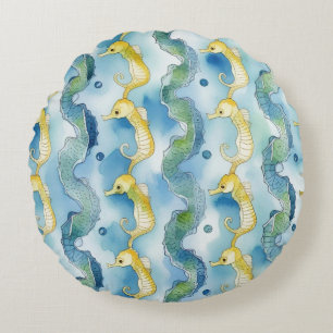 Coussins Ronds Aquarelle Motif Hippocampe Vie de Plage Art Océani
