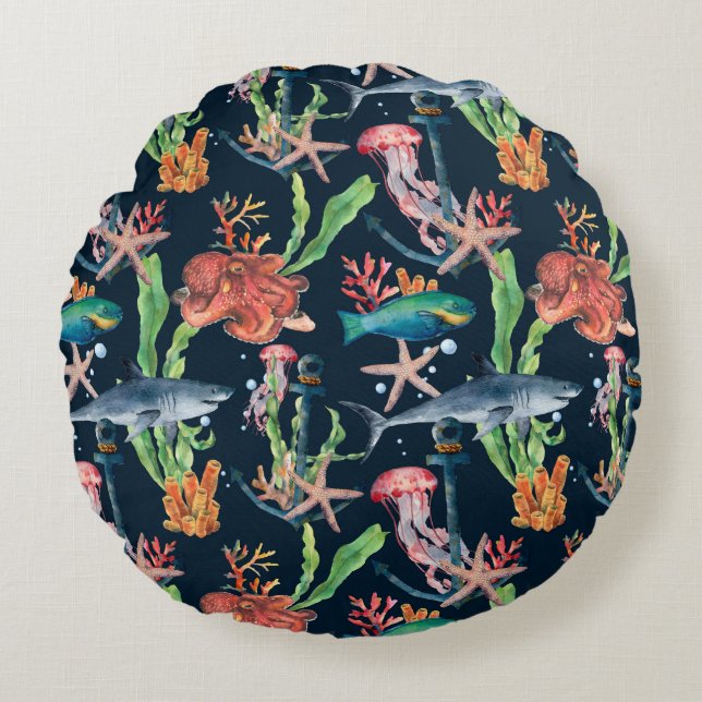 Coussins Ronds Aquarelle motif transparent avec requin et laminai (Devant)