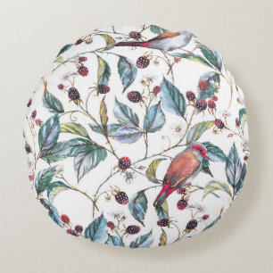 Coussins Ronds Aquarelle naturelle motif : mûres, oiseaux, f