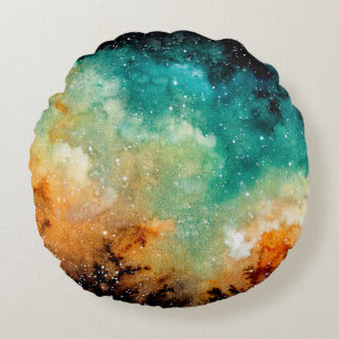 Coussins Ronds Aquarelle Nebula jaune vif, étoiles et noir