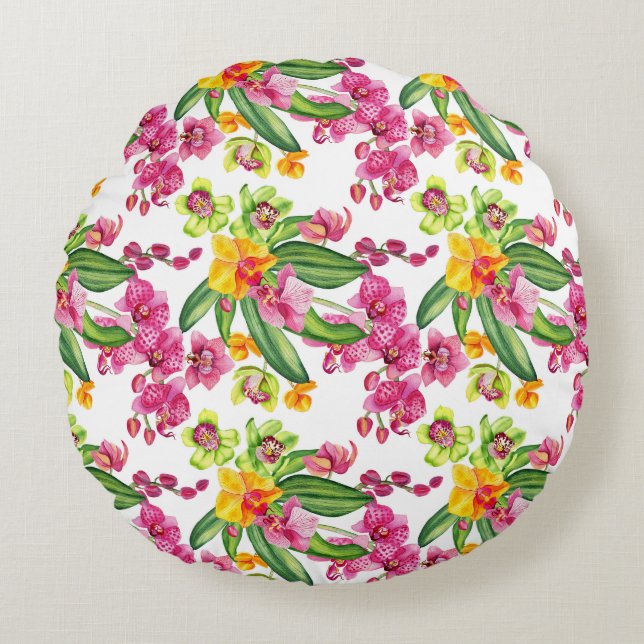 Coussins Ronds Aquarelle Orchidées Design 18 (Devant)