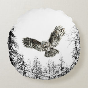 Coussins Ronds Aquarelle originale Frappe ou Chasse Chouette Oise