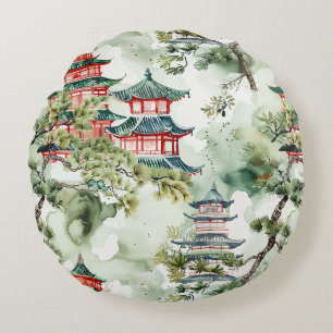 Coussins Ronds Aquarelle Pagode asiatique dans paysage verdoyant