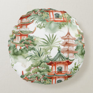 Coussins Ronds Aquarelle Pagode asiatique dans paysage verdoyant