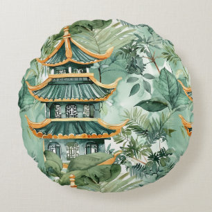 Coussins Ronds Aquarelle Pagode asiatique dans paysage verdoyant