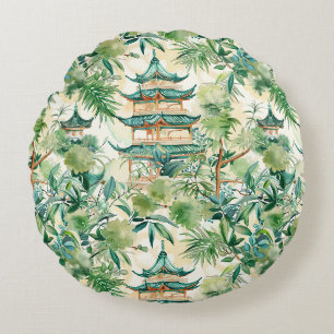 Coussins Ronds Aquarelle Pagode asiatique dans paysage verdoyant