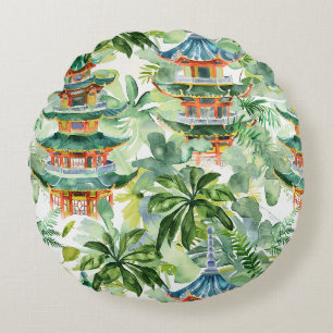 Coussins Ronds Aquarelle Pagode asiatique dans paysage verdoyant