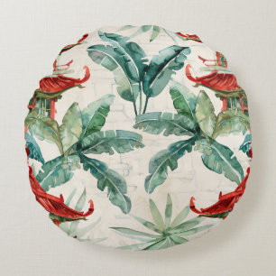 Coussins Ronds Aquarelle Pagode asiatique dans paysage verdoyant