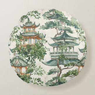 Coussins Ronds Aquarelle Pagode asiatique dans paysage verdoyant
