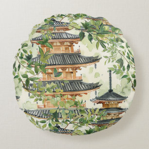 Coussins Ronds Aquarelle Pagode asiatique dans paysage verdoyant