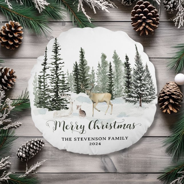 Coussins Ronds Aquarelle personnalisée Bois Joyeux Noël (Personalized Watercolor Woodland Merry Christmas Round Pillow)