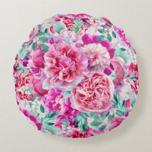 Coussins Ronds Aquarelle Pignons roses luxuriants et Feuilles Tur