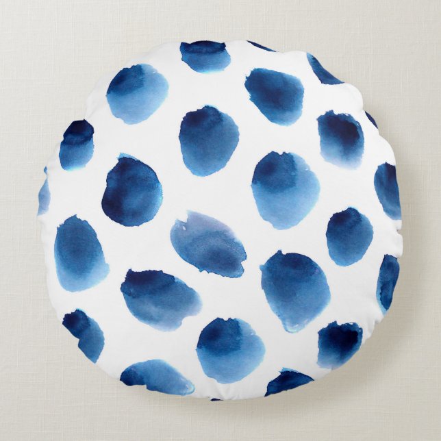 Coussins Ronds Aquarelle Points Bleus : Peint à la main sans cout (Devant)