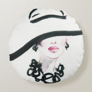 Coussins Ronds Aquarelle portrait femme, abstraite illust de mode