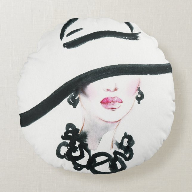 Coussins Ronds Aquarelle portrait femme, abstraite illust de mode (Devant)