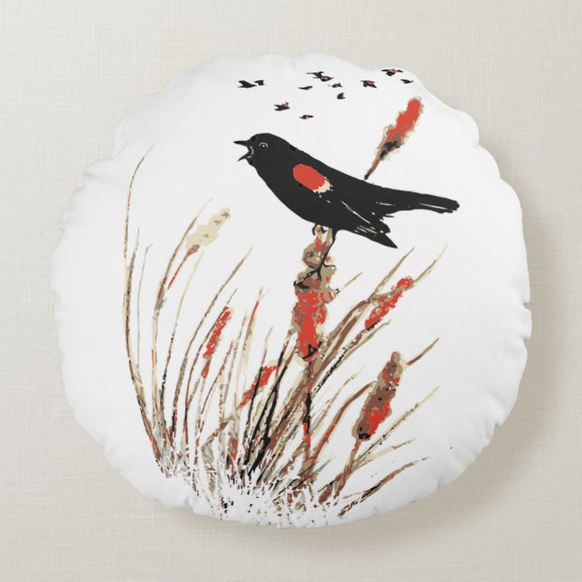 Coussins Ronds Aquarelle Red Wing Blackbird Oiseau Art de la natu (Devant)