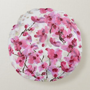 Coussins Ronds Aquarelle rose Fleur Cerisier Sans Couleur.