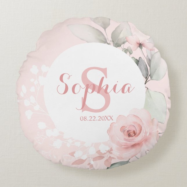 Coussins Ronds Aquarelle rose Floral Pois fille Nursery (Devant)