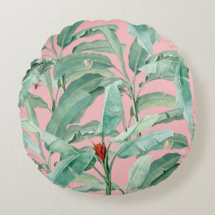 Coussins Ronds Aquarelle rose moderne Tropical Banana Palm Feuill