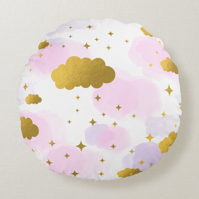 Coussins Ronds Aquarelle rose Nuages Gold Stars Sky (Devant)