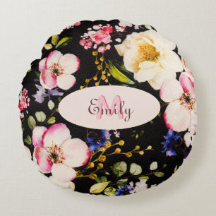 Coussins Ronds Aquarelle rose Roses jaunes sur noir, Monogramme