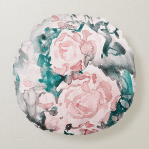 Coussins Ronds Aquarelle Roses rose, Turquoise, gris