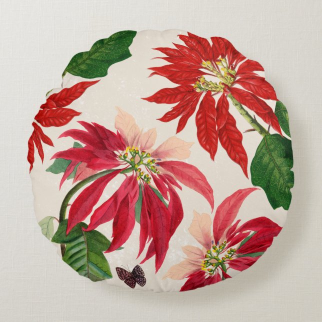 Coussins Ronds Aquarelle rouge rustique Poinsettia Flore Verdure (Devant)
