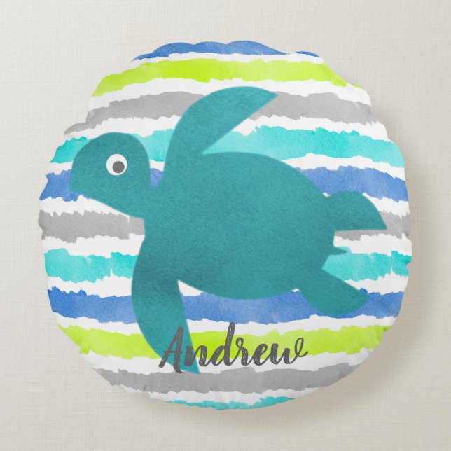 Coussins Ronds Aquarelle Tortue de mer Shibori Stripes et Vague (Devant)