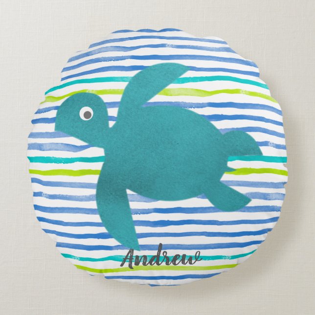Coussins Ronds Aquarelle Tortue de mer Shibori Vague et rayures (Devant)