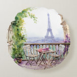 Coussins Ronds Aquarelle Tour Eiffel Paris Café français<br><div class="desc">Watercolor Eifel Tower Paris French Cafe Throw Pillow Cushion dispose d'un coin salon de café français aquarelle avec Paris et la tour Eifel en arrière - plan. Créé par Evco Studio www.zazzle.com/store/evcostudio</div>