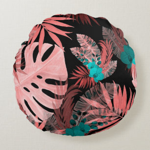 Coussins Ronds Aquarelle transparente motif avec plantes tropicau