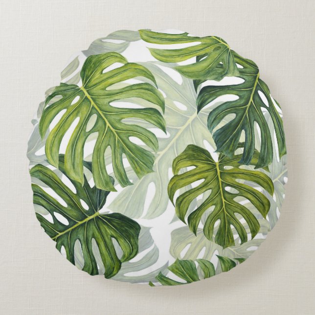 Coussins Ronds Aquarelle tropicale de Monstera verte (Devant)