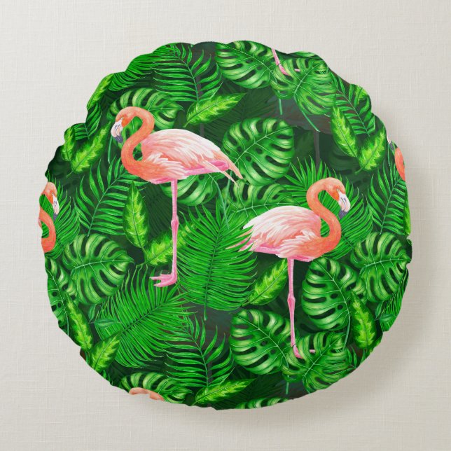 Coussins Ronds Aquarelle tropicale Flamant rose (Devant)