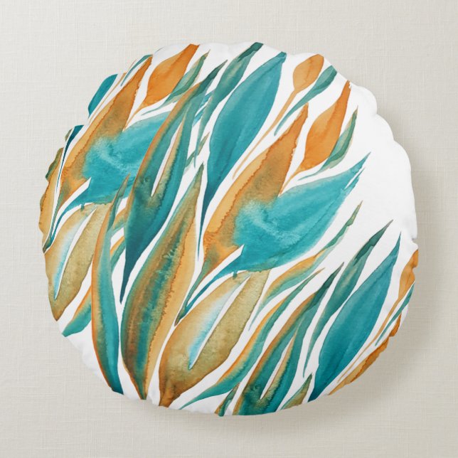 Coussins Ronds Aquarelle Turquoise Et Rust Fall Peinte À La Main (Devant)