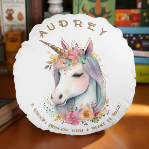 Coussins Ronds Aquarelle Unicorne et couronne florale