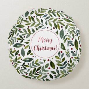 Coussins Ronds Aquarelle verte branches saisonnières et baies